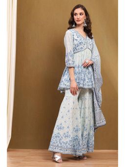 Biba - Blue Cotton Floral Kurti with Sharara and Dupatta (Set of 3)