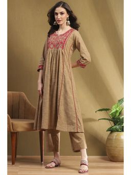 Biba - Brown Cotton Embroidered Kurta with Pant (Set of 2)