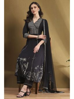 Biba - Black Cotton Woven Kalidar Kurta with Palazzo and Dupatta (Set of 3)