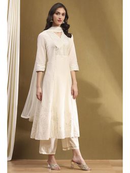 Biba - Off White Cotton Woven Kalidar Kurta with Palazzo and Dupatta (Set of 3)
