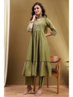 Biba - Green Cotton Flared Kurta with Palazzo and Dupatta (Set of 3)