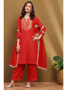 Biba - Red Brocade Straight Kurta with Palazzo and Dupatta (Set of 3)