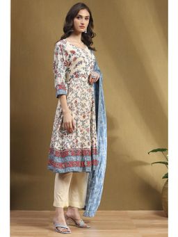 Biba - Off White Cotton Anarkali Kurta with Palazzo and Dupatta (Set of 3)