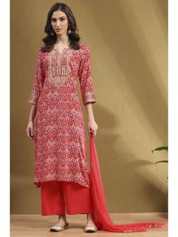 Biba - Red Rayon Kurta with Palazzo and Dupatta (Set of 3)