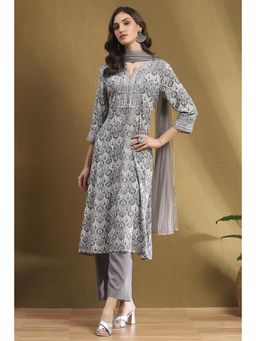 Biba - Grey Rayon Kurta with Palazzo and Dupatta (Set of 3)