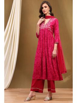 Biba - Fuchsia Pink Floral Embroidered Flared Kurta with Palazzo and Dupatta (Set of 3)
