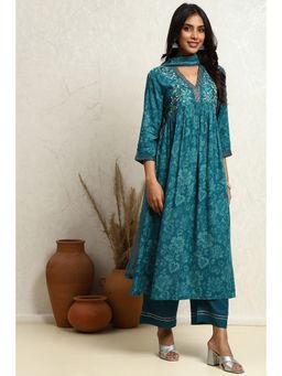 Biba - Teal Floral Embroidered Flared Kurta with Palazzo and Dupatta (Set of 3)