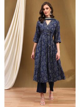 Biba - Navy Blue Printed Angrakha Kurta with Palazzo and Dupatta (Set of 3)