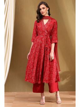 Biba - Red Printed Angrakha Kurta with Palazzo and Dupatta (Set of 3)