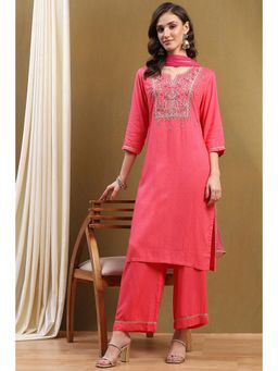 Biba - Pink Rayon Straight Printed Kurta with Palazzo and Dupatta (Set of 3)