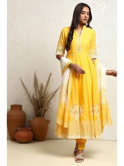 Biba - Yellow Floral Printed Anarkali Kurta with Churidar and Dupatta (Set of 3)