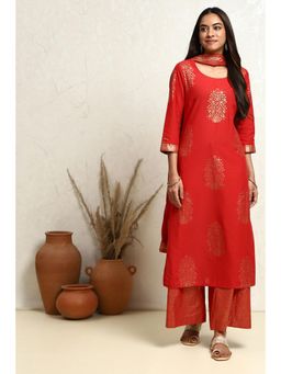 Biba - Red Cotton Straight Kurta with Palazzo and Dupatta (Set of 3)