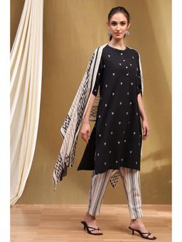 Biba - Black Cotton Stripes Print Kurta with Pant and Dupatta (Set of 3)