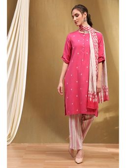 Biba - Pink Cotton Stripes Print Kurta with Pant and Dupatta (Set of 3)