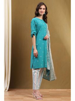 Biba - Blue Cotton Stripes Print Kurta with Pant and Dupatta (Set of 3)