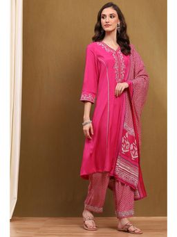 Biba - Fuchsia Pink Floral Embroidered Kurta with Palazzo and Dupatta (Set of 3)