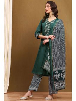 Biba - Green Floral Embroidered Kurta with Palazzo and Dupatta (Set of 3)