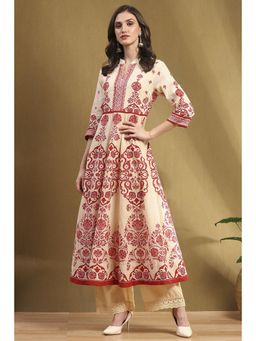 Biba - Beige Cotton Floral Embellished Anarkali Kurta with Palazzo (Set of 2)