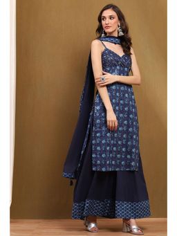 Biba - Navy Blue Floral Straight Kurta with Palazzo and Dupatta (Set of 3)
