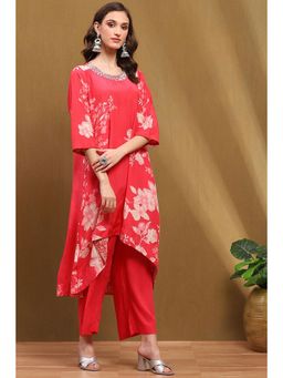 Biba - Coral Modal Floral Printed Kurta with Palazzo and Dupatta (Set of 2)