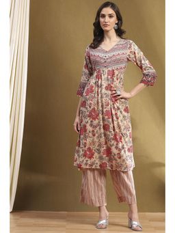 Biba - Beige Cotton Floral Printed Kurta with Palazzo and Dupatta (Set of 2)