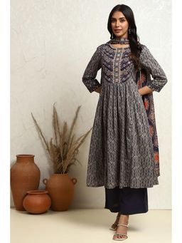 Biba - Navy Blue Cotton Printed Flared Kurta with Palazzo and Dupatta (Set of 3)