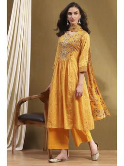 Biba - Yellow Cotton Printed Flared Kurta with Palazzo and Dupatta (Set of 3)
