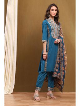 Biba - Teal Cotton Printed Straight Kurta with Pant and Dupatta (Set of 3)