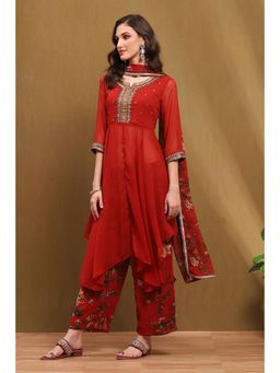 Biba - Red Printed Flared Kurta with Palazzo and Dupatta (Set of 3)