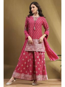 Biba - Pink Polyester Woven Kurta with Palazzo and Dupatta (Set of 3)