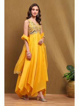 Biba - Yellow Embroidered Flared Kurta with Pant and Dupatta (Set of 3)
