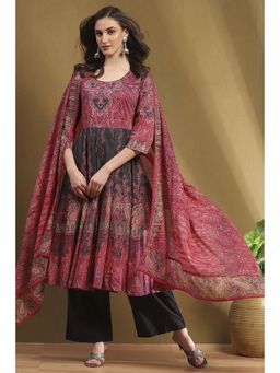 Biba - Black-Maroon Cotton Anarkali Kurta with Palazzo and Dupatta (Set of 3)