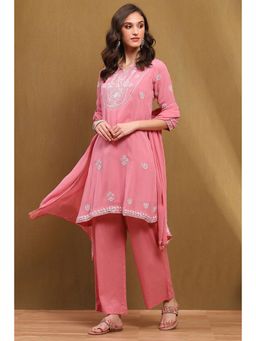 Biba - Pink Viscose Embroidered Kurta with Palazzo and Dupatta (Set of 3)