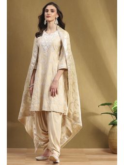 Biba - Beige Silk Chanderi Embroidered Kurta with Dhoti and Dupatta (Set of 3)