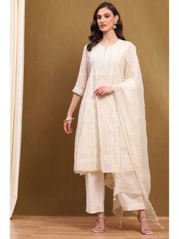 Biba - Off White Embroidered Kurta with Inner-Palazzo and Dupatta (Set of 4)
