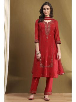 Biba - Red Embroidered Kurta with Pant and Dupatta (Set of 3)