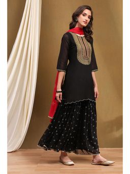 Biba - Black Embroidered Kurta with Sharara and Dupatta (Set of 3)