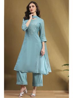 Biba - Blue Embroidered Kurta with Palazzo and Dupatta (Set of 3)