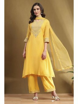 Biba - Yellow Embroidered Kurta with Palazzo and Dupatta (Set of 3)