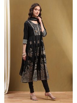 Biba - Black Floral Sequined Anarkali Kurta with Churidar and Dupatta (Set of 3)