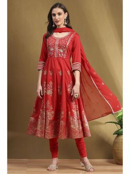 Biba - Red Floral Sequined Anarkali Kurta with Churidar and Dupatta (Set of 3)