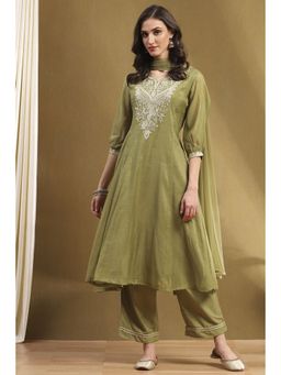 Biba - Olive Embroidered Anarkali Kurta with Palazzo and Dupatta (Set of 3)