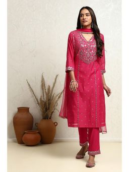 Biba - Fuchsia Pink Embroidered Kurta with Pant and Dupatta (Set of 3)