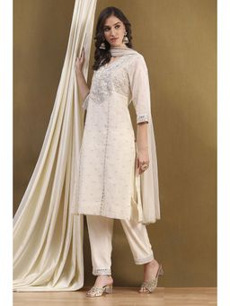 Biba - Off White Embroidered Kurta with Pant and Dupatta (Set of 3)