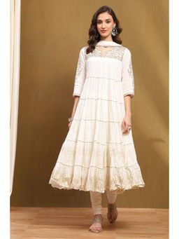 Biba - Off White Embroidered Kurta with Churidar and Dupatta (Set of 3)