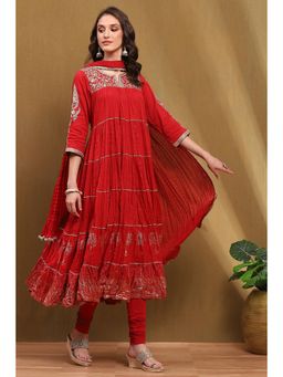 Biba - Red Embroidered Kurta with Churidar and Dupatta (Set of 3)