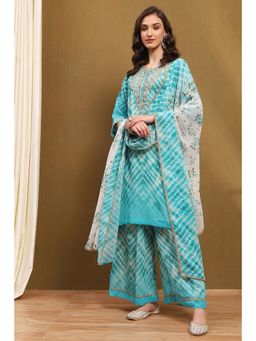 Biba - Turquoise Embroidered Leheriya Kurta with Palazzo and Dupatta (Set of 3)