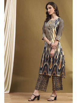 Biba - Beige and Navy Blue Printed Kurta with Palazzo (Set of 2)