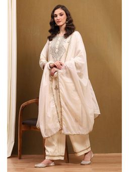 Biba - Off White Embroidered Kurta with Palazzo and Dupatta (Set of 3)