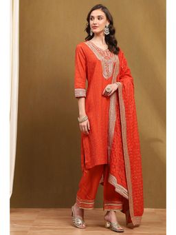 Biba - Orange Embroidered Kurta with Palazzo and Dupatta (Set of 3)